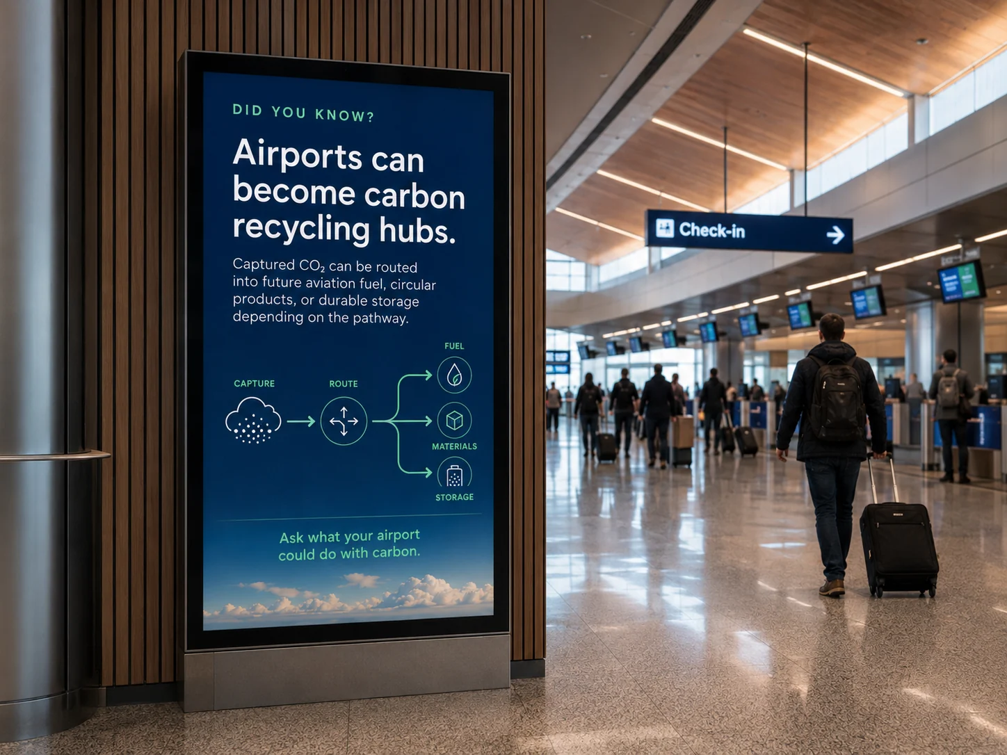 Airport kiosk explaining airports can become carbon recycling hubs