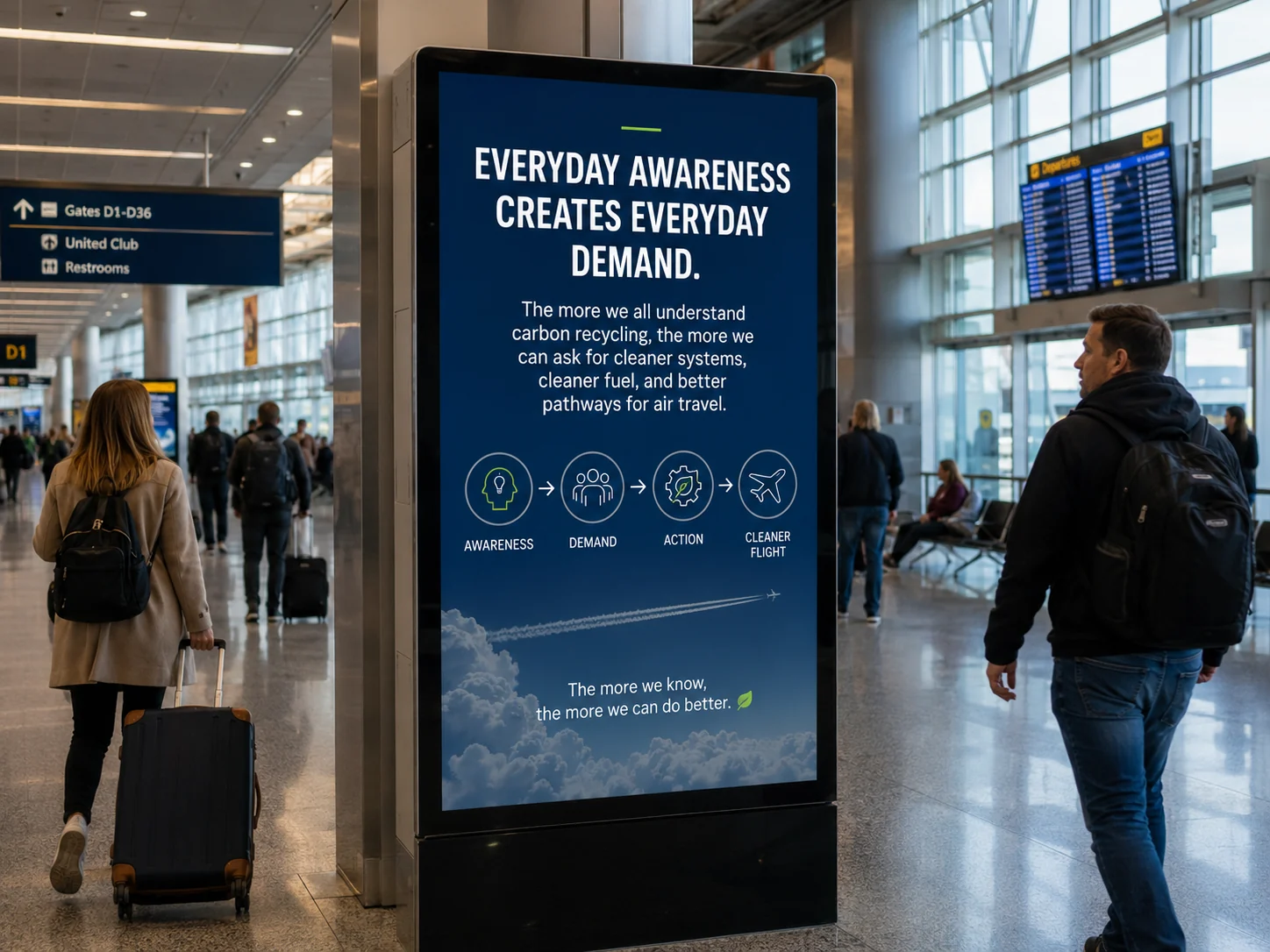 Airport traveler awareness signage explaining carbon recycling demand