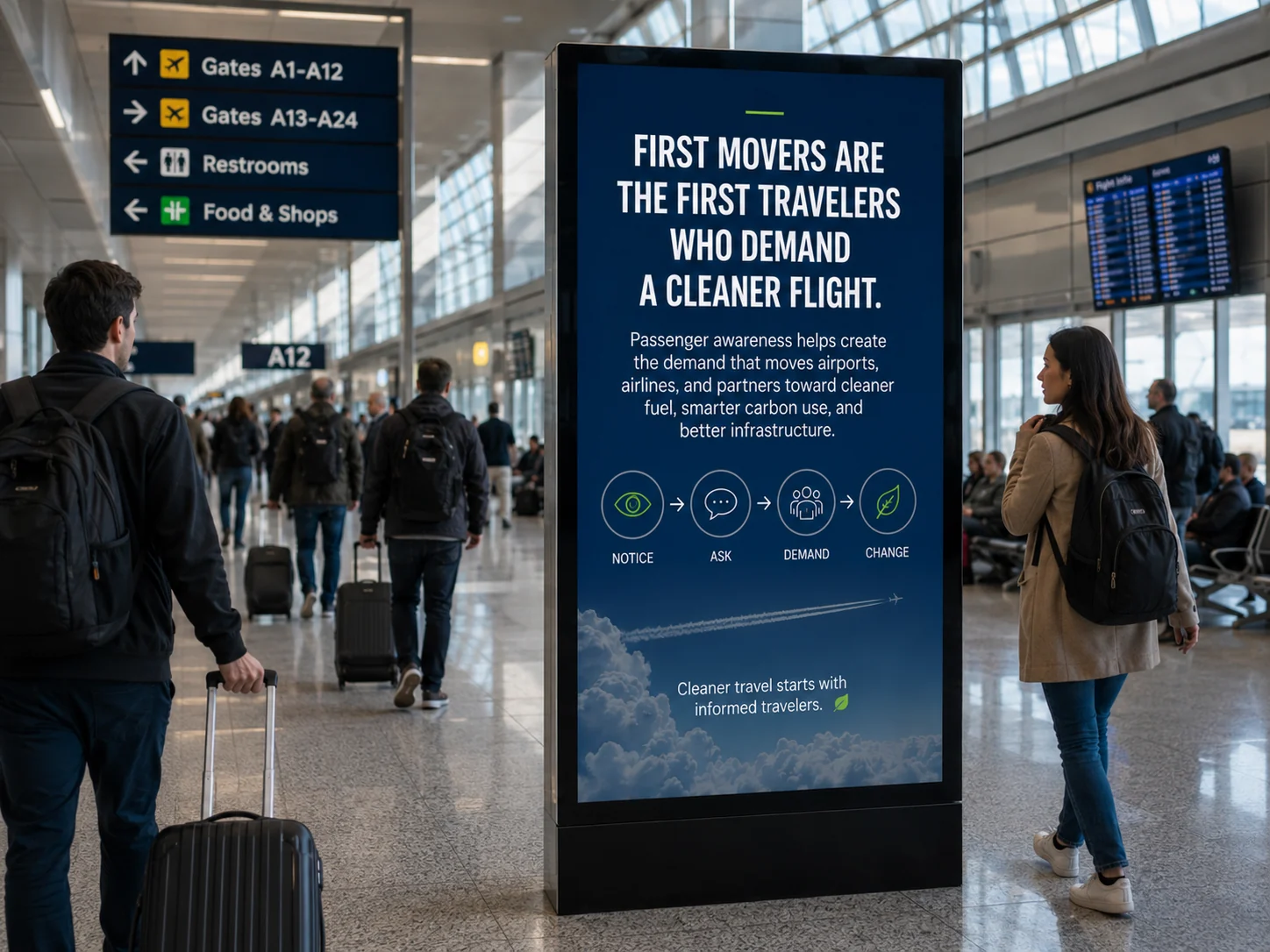 Airport kiosk signage saying first movers are first travelers who demand cleaner flight