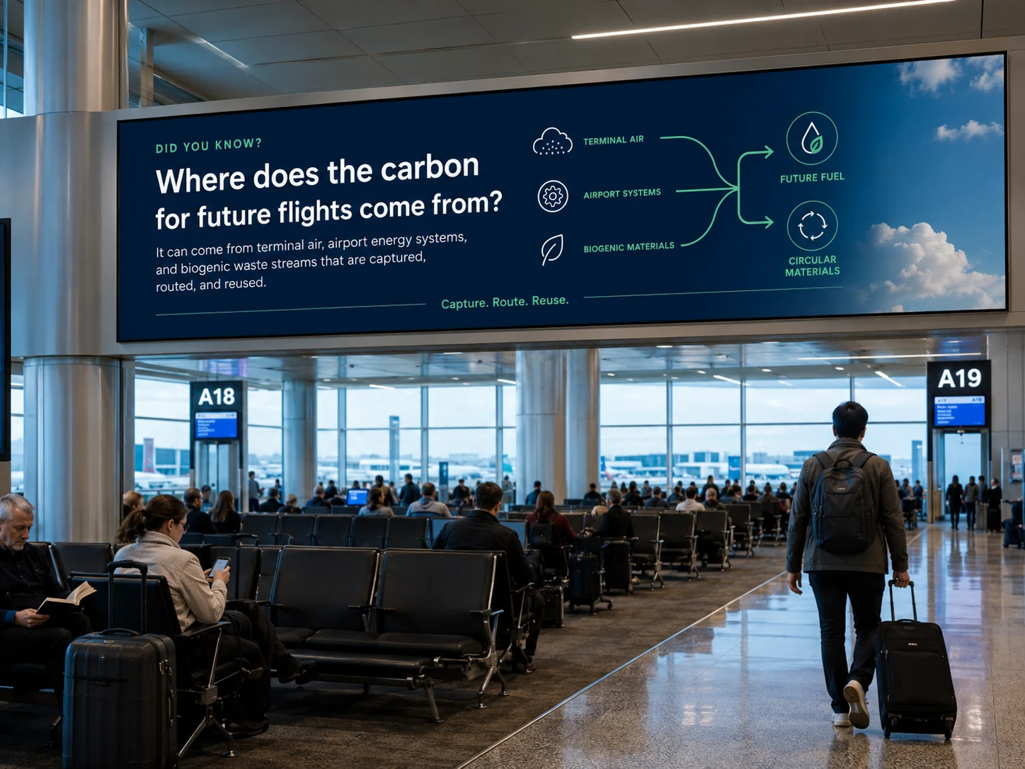 Airport signage explaining where carbon for future flights can come from