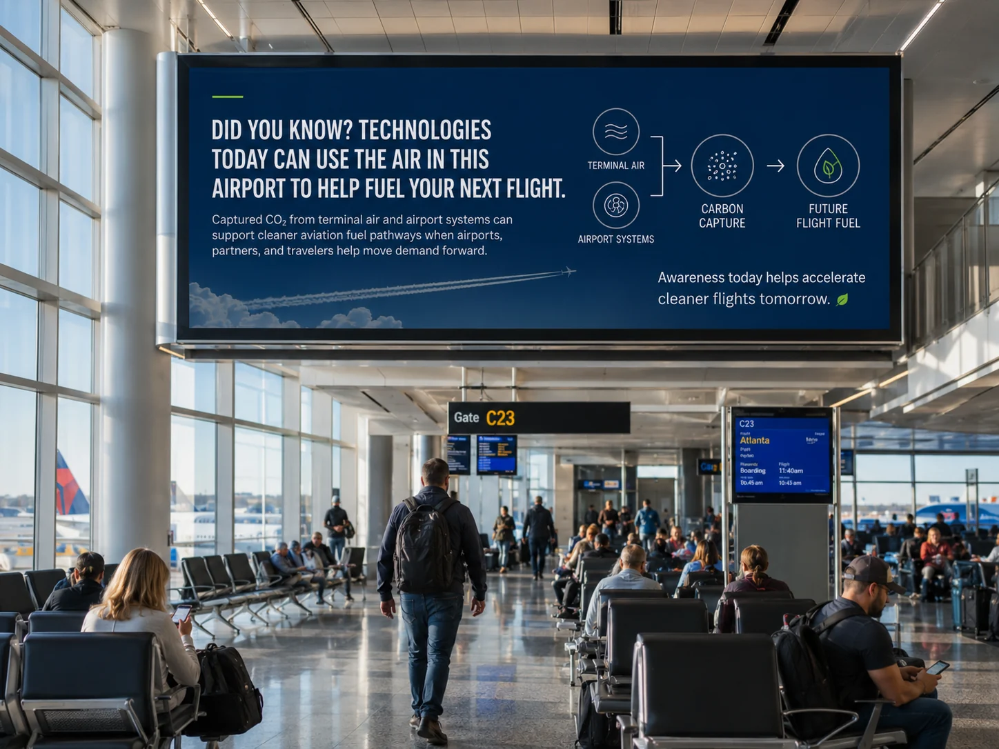 Airport billboard explaining air in the airport can support future fuel pathways
