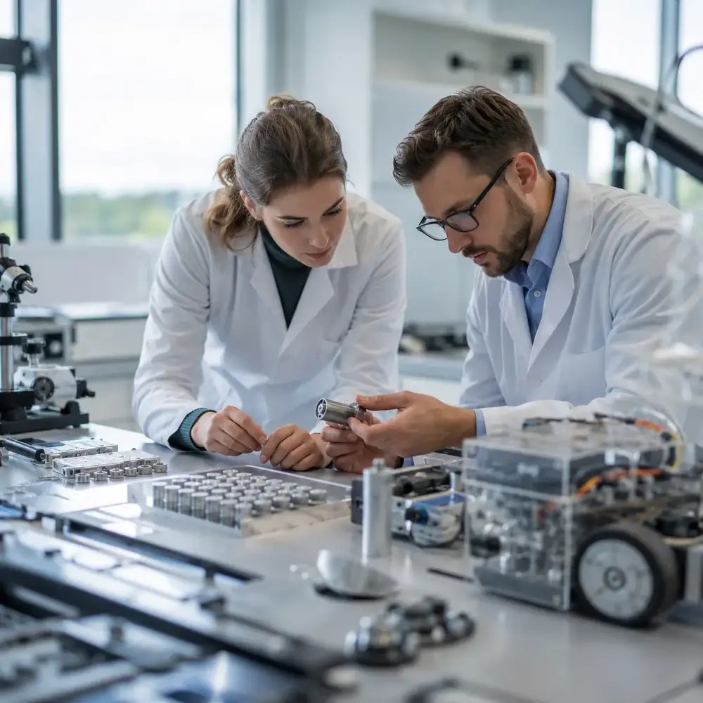 Scientists collaborating around research and engineering